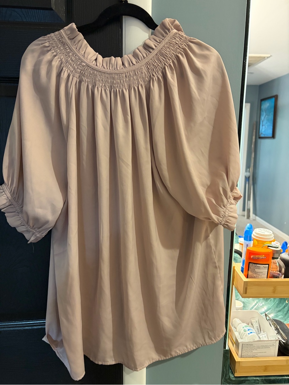 Women's Cream Smocked Neck Peasant Blouse